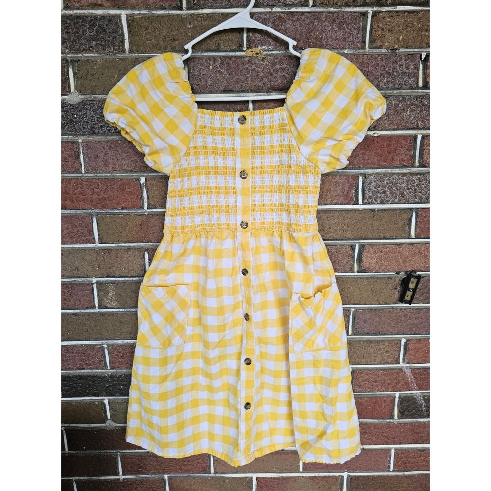 Wonder‎ Nation Girls Yellow Gingham Smocked Puff Sleeve Dress L 10-12
